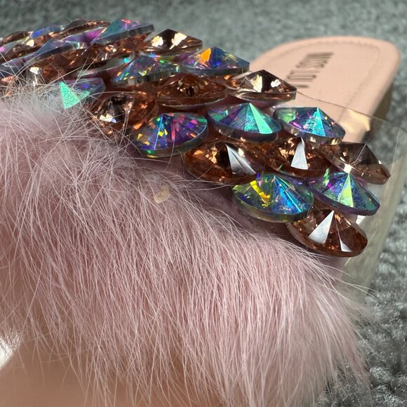 Faux Fur & Rhinestone Embellished Pink Slide Sandals Miss Lola Size 9 Slip On - Picture 16 of 16